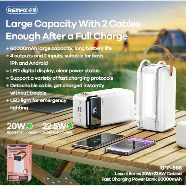 УМБ Power Bank Remax RPP-565 Lesu II Series 60000mAh PD20W+QC22.5W (with cable Type-C+Lightning) 42988-1 фото