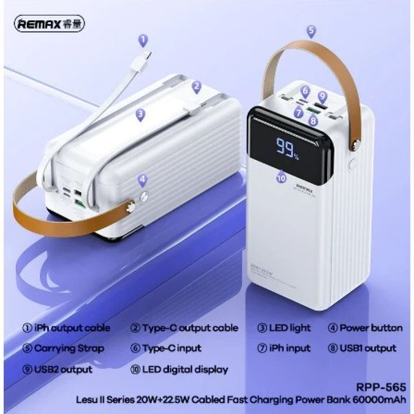 УМБ Power Bank Remax RPP-565 Lesu II Series 60000mAh PD20W+QC22.5W (with cable Type-C+Lightning) 42988-1 фото