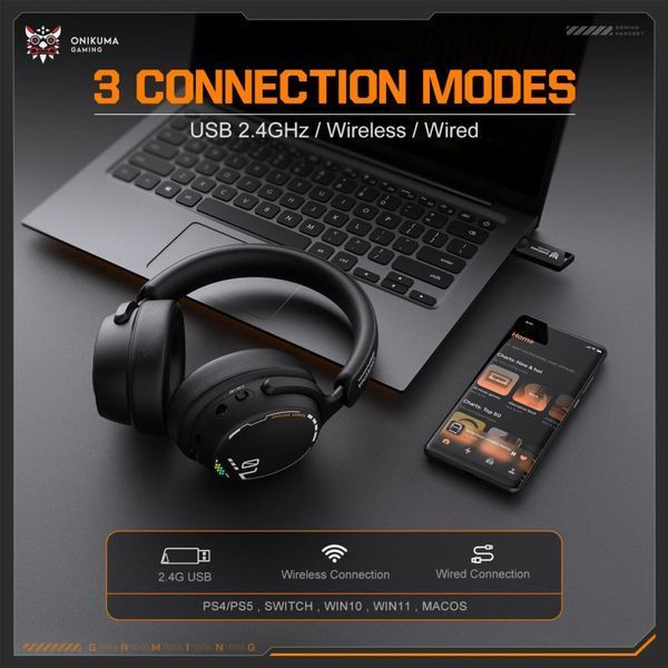 Навушники комп'ютерні Onikuma GT886 Gaming з мікрофоном та з 3ма режимами (Bluetooth 5.4, дротове, 2.4G USB+Type-C) 67578 фото