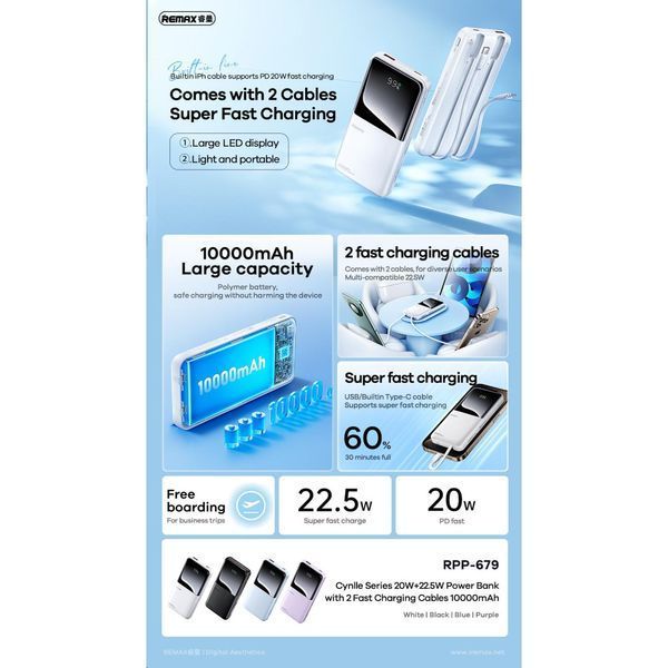 УМБ Power Bank Remax RPP-679 Cynlle 10000mAh PD20W+22.5W (with cable Type-C+Lightning) 56478 фото