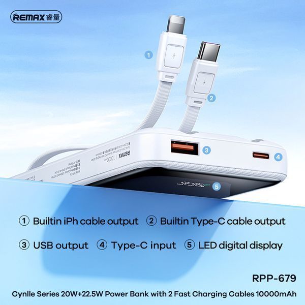 УМБ Power Bank Remax RPP-679 Cynlle 10000mAh PD20W+22.5W (with cable Type-C+Lightning) 56478 фото