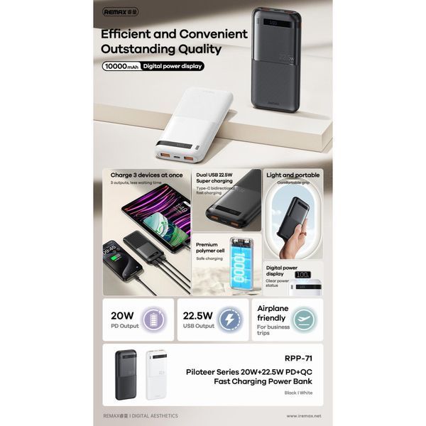 УМБ Power Bank Remax RPP-71 Piloteer Series 10000mAh PD20W+QC22.5W 49283 фото