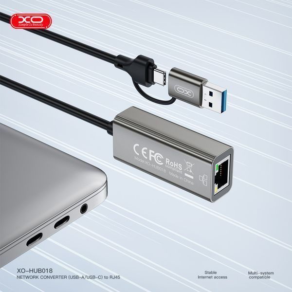 USB HUB XO HUB018 2in1 USB+Type-C to RJ45 51134 фото
