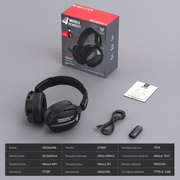 Навушники Onikuma GT887 Gaming з мікрофоном та 4ма режимами (Bluetooth 5.4, дротове, 2.4G USB+Type-C) 65034 фото