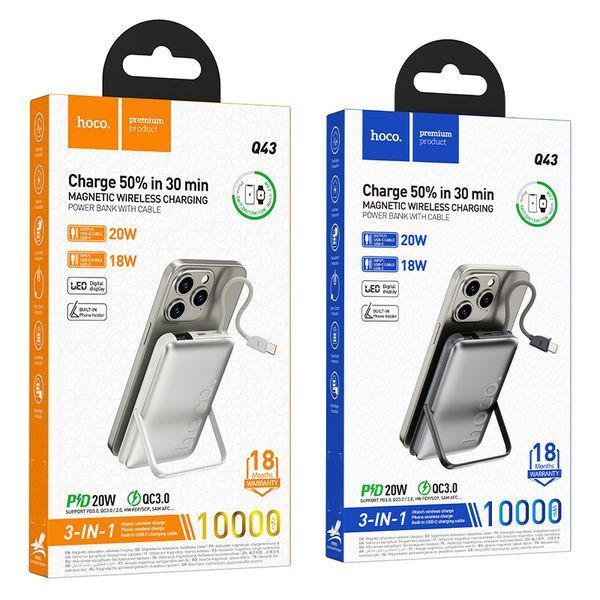 УМБ Power Bank Hoco Q43 Clever 10000mAh PD20W с беспроводной зарядкой (with cable Type-C+watch charger) Серебряный 57370 фото