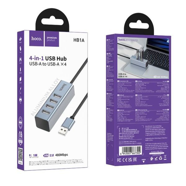 USB HUB Hoco HB1A 4in1 (USB to USB2.0*4) 63339 фото