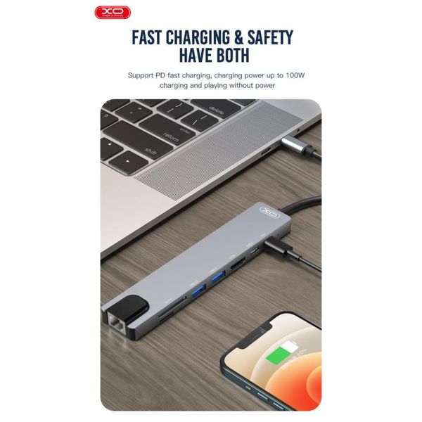 Перехідник XO HUB003 USB-C Multifunction Adapter 8in1 (HDMI+USB2*2+PD+PD Data read+SD Card+TF) Швидка зарядка 33746 фото