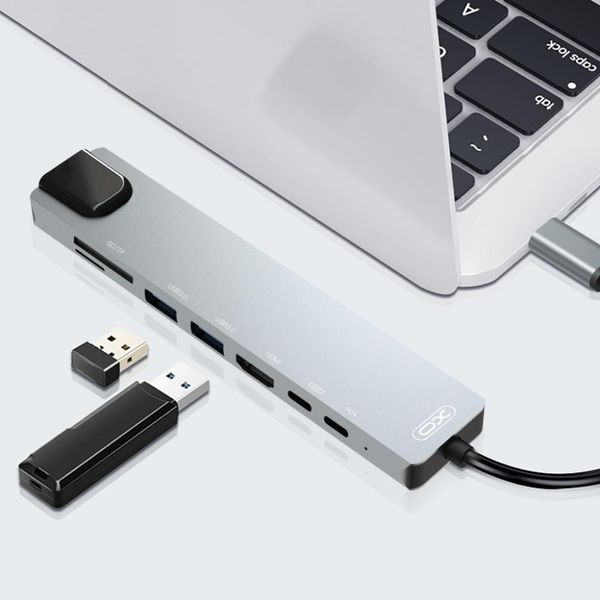 Перехідник XO HUB003 USB-C Multifunction Adapter 8in1 (HDMI+USB2*2+PD+PD Data read+SD Card+TF) Швидка зарядка 33746 фото