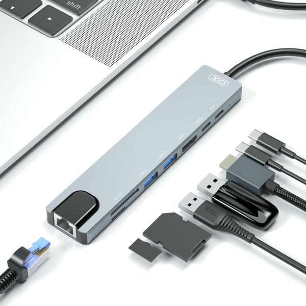 Перехідник XO HUB003 USB-C Multifunction Adapter 8in1 (HDMI+USB2*2+PD+PD Data read+SD Card+TF) Швидка зарядка 33746 фото