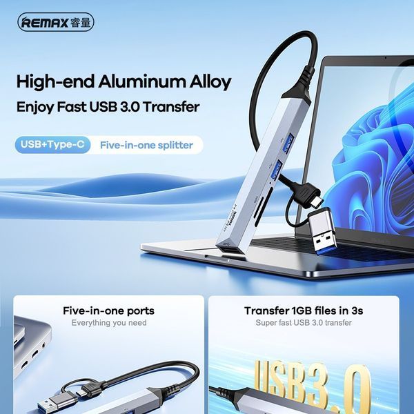USB HUB Remax RU-U7 Aluminum alloy 5in1 (USB+Type-C to 3*USB3.0+SD+TF) 55499 фото
